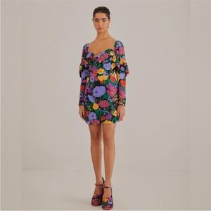 FARM RIO Black Bucolic Garden Long Sleeve Mini Dress